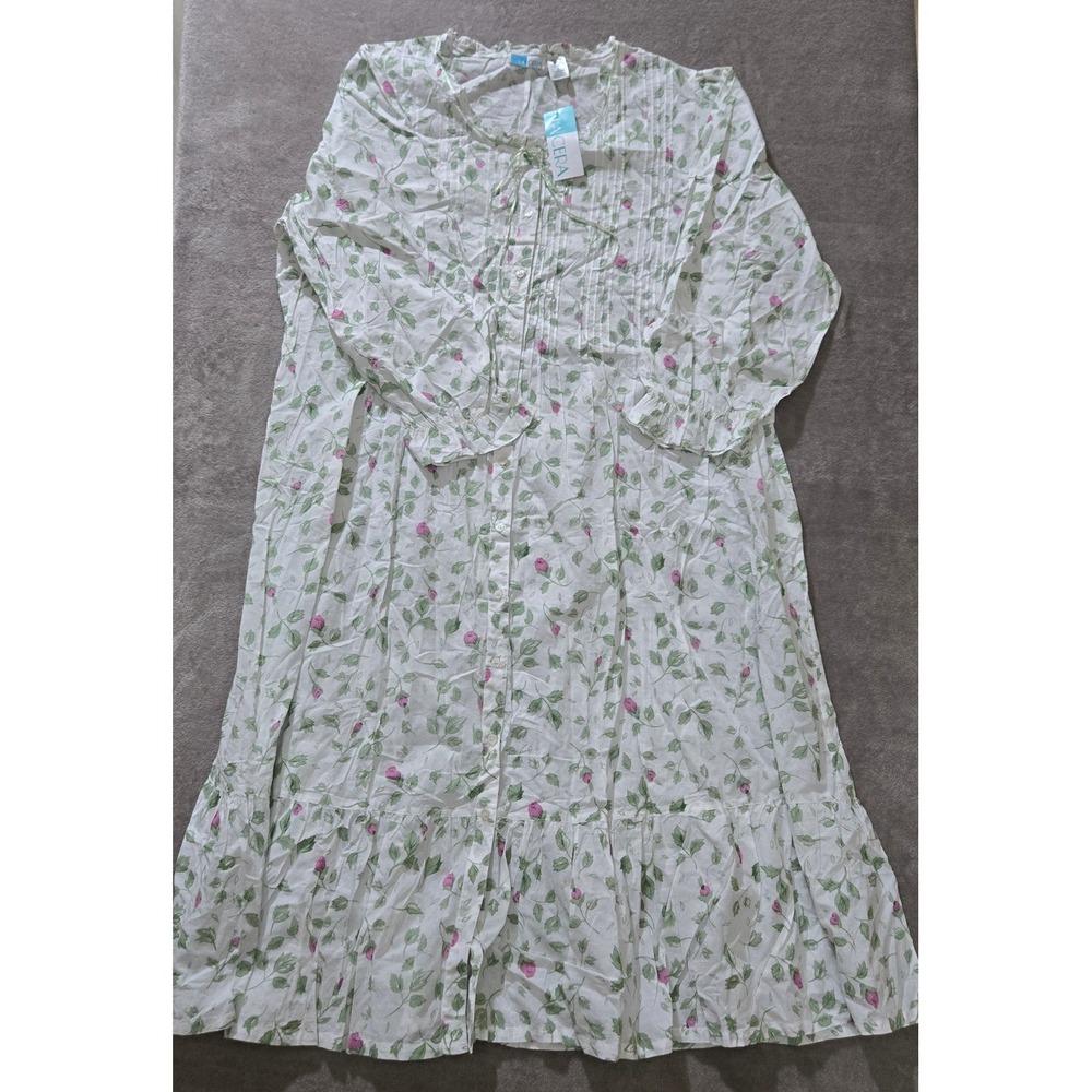 La Cera Nightgown Women 2X White Floral Cotton Long Button Front Cottagecore